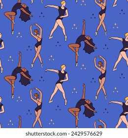 Seamless pattern with dancing ballerinas. Artistic concept on blue background. Flat hand drawn female silhouettes. Trendy print design for textile, wallpaper, wrapping