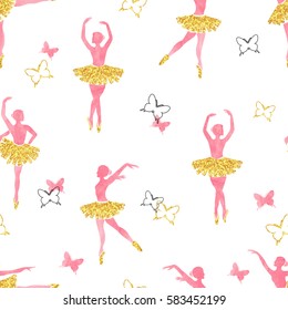 Seamless pattern with dancing ballerinas and butterflies in watercolor pink and glittering gold colors. Vector illustration. 