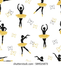 Seamless pattern with dancing ballerinas and butterflies. Vector illustration.