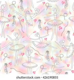 Seamless pattern with dancing ballerinas and delicate rose flowers on a pink watercolor blur background. Vector Vector child's drawing ballerinas