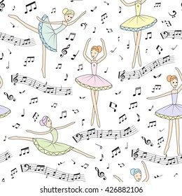 Seamless pattern. Dancing ballerinas with notes on a white background. Vector child's drawing ballerinas. Cover for music book, wallpaper, wrapping paper and other.
