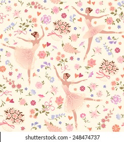 Seamless pattern with dancing ballerinas on a floral background. Vector vintage ornament.