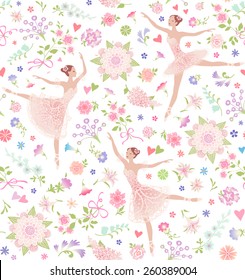 Seamless pattern with dancing ballerinas on a floral background. Vector vintage ornament.