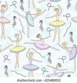 Seamless pattern with dancing ballerinas on a blue ornate floral background. Vector Vector child's drawing ballerinas