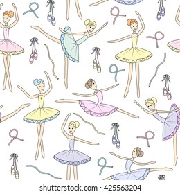 Seamless pattern with dancing ballerinas on a white background. Vector child's drawing ballerinas