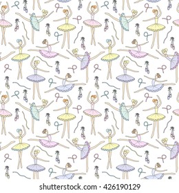 Seamless pattern with dancing ballerinas on a white background. Vector Vector child's drawing ballerinas