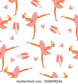 Seamless pattern with dancing ballerinas with pointe shoes on a white background. Vector vintage ornament.