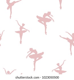 Seamless pattern of Dancing ballerinas silhoette in light-pink and white collors