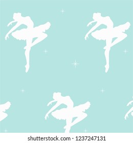 Seamless pattern of Dancing ballerinas silhoette in light-blue and white collors