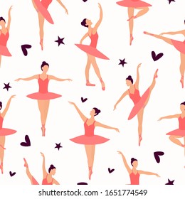 Seamless pattern of Dancing ballerinas silhouette in pink pointe shoes, tutu and leotard for ballet on a white background. Pastel small randomly located ballerinas. Black little hearts and stars.