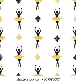 Seamless pattern with dancing ballerinas. Vector illustration in black and golden colors.