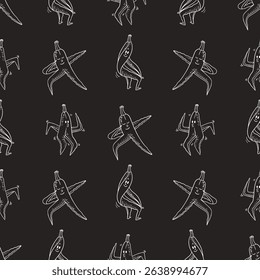 Seamless Pattern of Dancing Banana Characters in Black and White Doodle Style