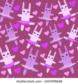 Seamless pattern with dancing bunnies and hearts