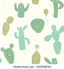 seamless pattern dancing cactus with balloon in the desert green happy kids background illustration in vector