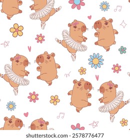 Seamless pattern with dancing capybara characters. Cute animal character rodent. Vector illustration. Cartoon seamless background, texture, backdrop