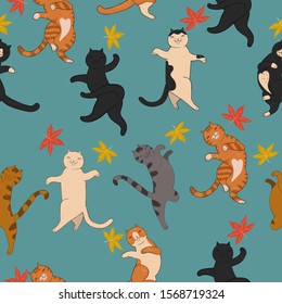 Seamless pattern of dancing cats and autumn leaves. Vector graphics.