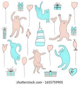 Seamless pattern with dancing cats, cake and balloons.