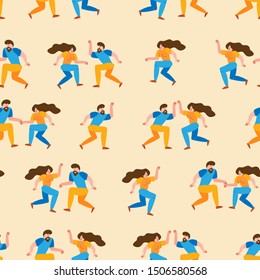 Seamless pattern dancing couple spend time together. Happy cartoon characters of people in 50s retro style. Romantic characters people activity illustration. Flat simple vector illustration.