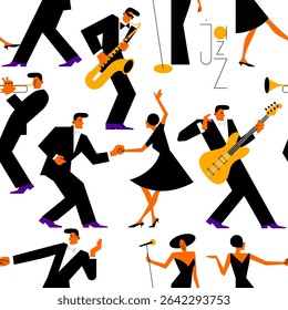 Padrão contínuo de casais dançantes de senhoras e senhores em estilo de jazz. Danças de par energético, músicos e um cantor são desenhados em um estilo de desenho animado plano. ilustração vetorial de stock. EPS 10