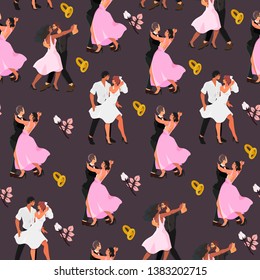 Seamless pattern with dancing couples on a wedding that can be used for wrapping, textile, wallpaper, fabric and other decor. Vector illustration of a bride and a groom first dance performance. 