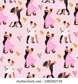 Seamless pattern with dancing couples on a wedding that can be used for wrapping, textile, wallpaper, fabric and other decor. Vector illustration of a bride and a groom first dance. 