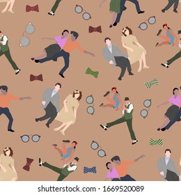Seamless pattern with dancing couples silhouettes on color background. People in 1940s or 1950s style. Men and women on swing, jazz, lindy hop or boogie woogie party. Vector illustration.