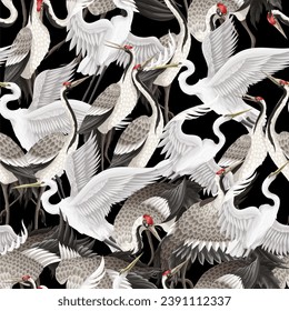 Seamless pattern with dancing cranes and herons. Vector.