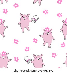 Seamless pattern with dancing cute pigs on party. Simple vector illustration isolated on white background.Can be used for textile, greeting card, party decoration, invitation, wrapping paper.