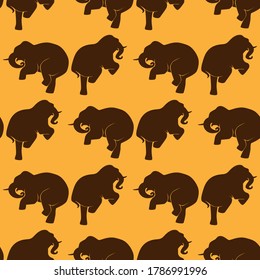 seamless pattern of dancing elephants silhouette brown on orange background. Vector image eps 10