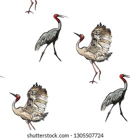 Seamless Pattern Dancing Exotic Birds Cranes with Red Neck Separate Elements