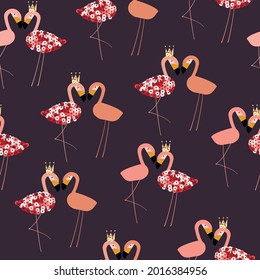 Seamless pattern of dancing flamingo. Birds with festive sequin skirt and golden crown.