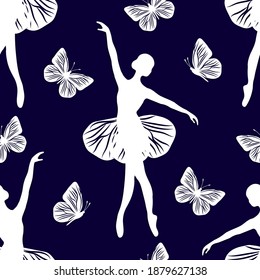Seamless pattern with dancing girl and butterflies. Vector illustration.