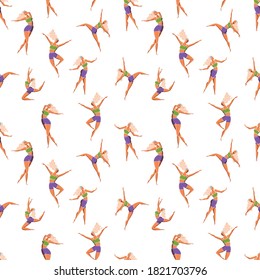 Seamless pattern with dancing girl poses. Female character in different choreographic positions in sportswear. Colorful vector illustration.