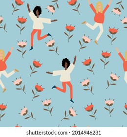 Seamless pattern of dancing girls and design of flowers around. Bright, positive seamless pattern for any product. Vector illustration 