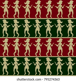 Seamless pattern with dancing girls on a red and green background. Vector illustration for design of textiles and prints, interior decor.