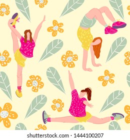 Seamless pattern with dancing girls. Vector illustration - group of dancing girls. School of modern dance.