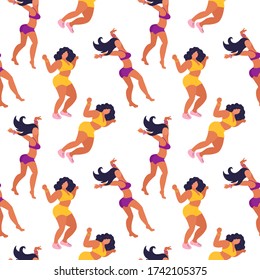 Patrón sin foco con chicas bailando. La joven y hermosa chica está bailando. Cabello negro, ropa interior amarilla y púrpura, zapatos rosados. Divertido papel de envoltura lindo. Ilustración vectorial.