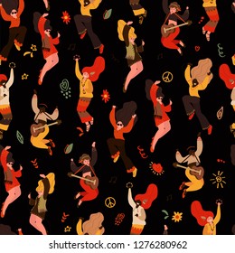 seamless pattern of dancing hippie girls in flat style on a dark background