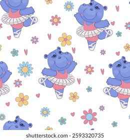 Сhildish seamless pattern with dancing hippo. Animal hippopotamus ballerina print, vector texture for kids birthday, fabric, wallpaper, wrapping paper, textile, t-shirt print