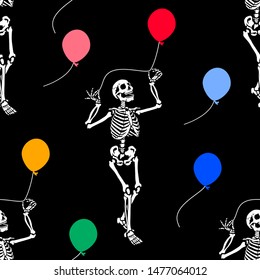 Seamless pattern. A dancing human skeleton with a colored balloon. Halloween party. Great for greeting cards, invitations, tattoo, for printing on T-shirts and more. Happy Halloween!