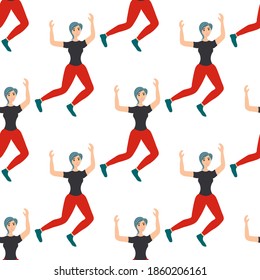 Seamless pattern with dancing modern girl on a white background. Cheerful dance entertainment in a flat style. Relaxed happy woman.
Stock vector illustration for design, decor, fabric, wallpaper