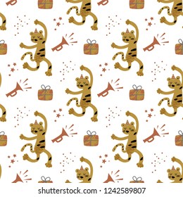 Seamless pattern with dancing monkey, gift box and pipe. Vector illustration. For packaging design, Wallpaper, prints on fabric