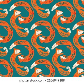 Seamless pattern of dancing orange folk art foxes on turquoise background. Vector animalistic texture love and family. Background with animals with floral decorations for wallpaper and fabric