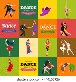 Seamless pattern. Dancing People, Dancer Bachata Hiphop, Salsa, Indian Ballet Strip, Rock and Roll Break, Flamenco Tango Contemporary Belly Dance Pictogram Icon style of design concept