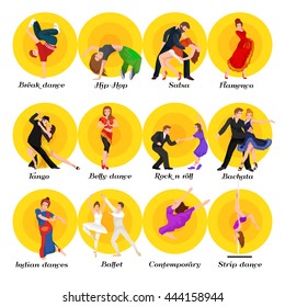 Seamless pattern. Dancing People, Dancer Bachata Hiphop, Salsa, Indian Ballet Strip, Rock and Roll Break, Flamenco Tango Contemporary Belly Dance Pictogram Icon style of design concept