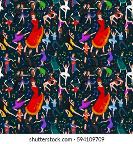 Seamless pattern. Dancing People, Dancer Bachata, Hiphop, Salsa, Indian, Ballet, Strip, Rock and Roll, Break, Flamenco, Tango, Contemporary, Belly Dance Pictogram Icon.  style of design concept set