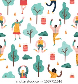 Seamless pattern with dancing people on the nature. Happy people are dancing next to the trees. A party. Birthday. Simple flat vector cartoon illustration. 