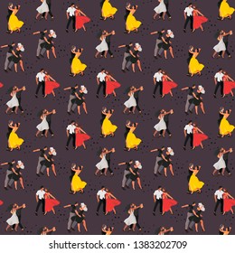 Seamless pattern with a dancing people that can be used for wrapping, fabric, textile and other decor. Vector illustration of a young men and women dancing on a party or at a dancing studio.