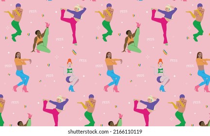 Seamless pattern with dancing people, voguing, LGBT ballroom, vogue, seamless pride pattern, LGBT+ illustration, dancing people vector