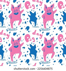 Seamless pattern with dancing pigs. The pig jumps and sprinkles water around him. Handwritten text. National Pig Day. The background for printing on textiles and paper. Cartoon illustration.
